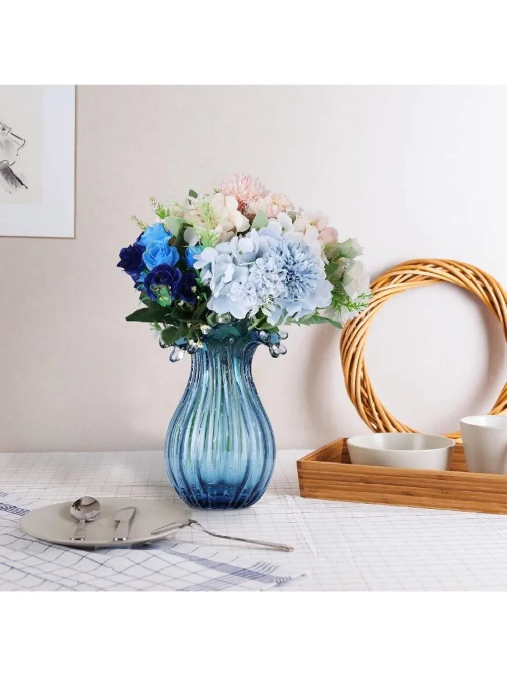 Unique Hand Blown Blue Glass Vase | Modern Art Decor for Living Room & Office